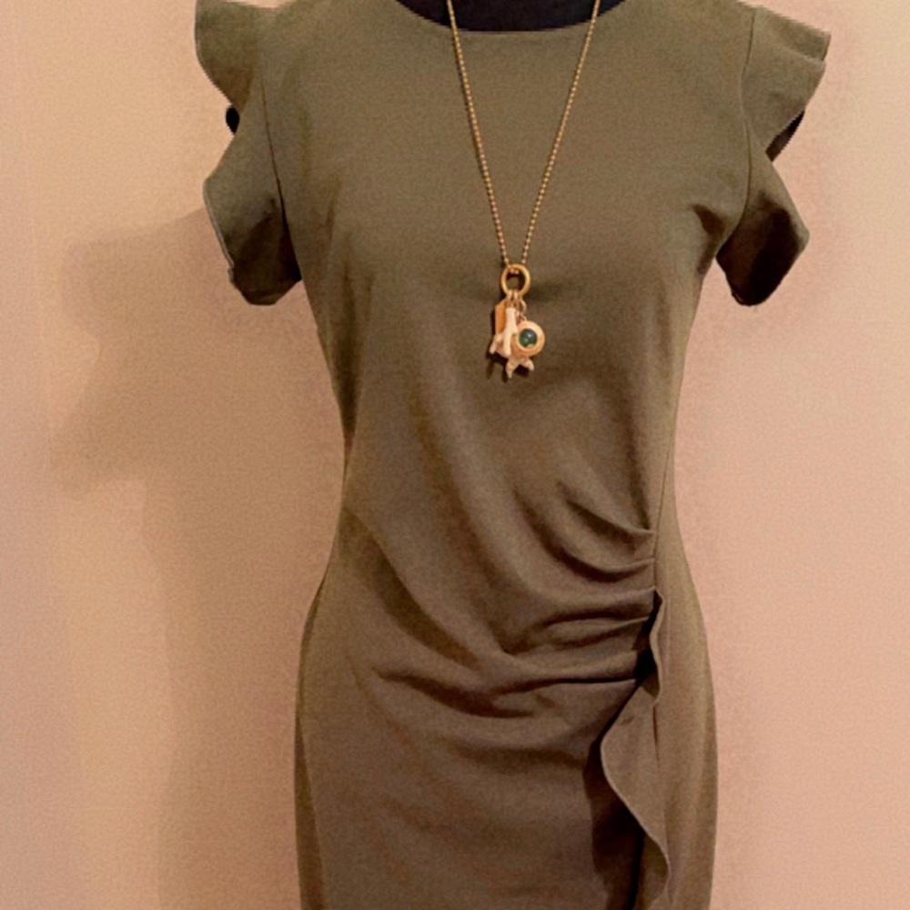 Green Ruffle Trim Rushed Dress - Picture 2 of 5